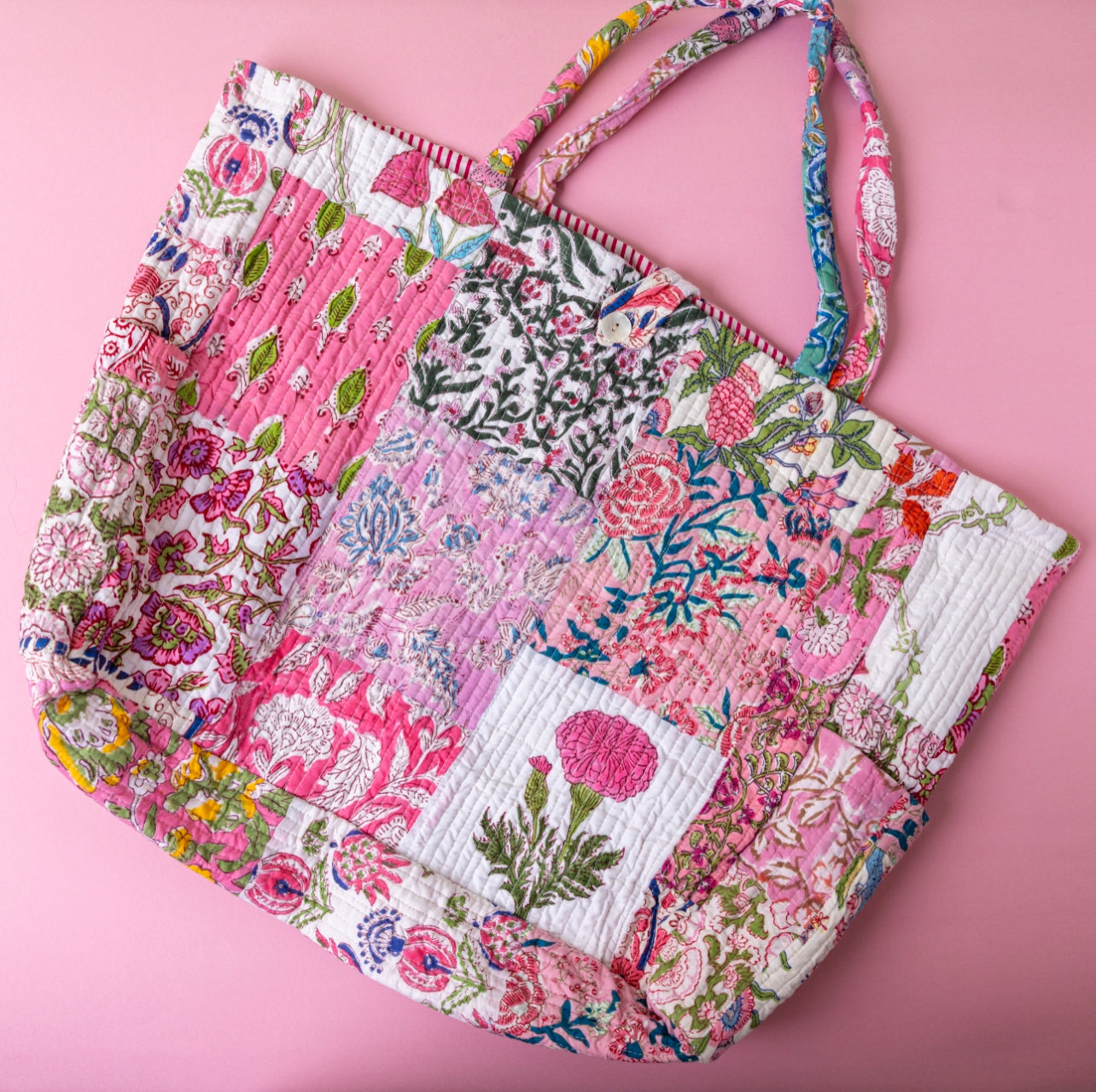 Pink Patches Cotton Large Tote Bag