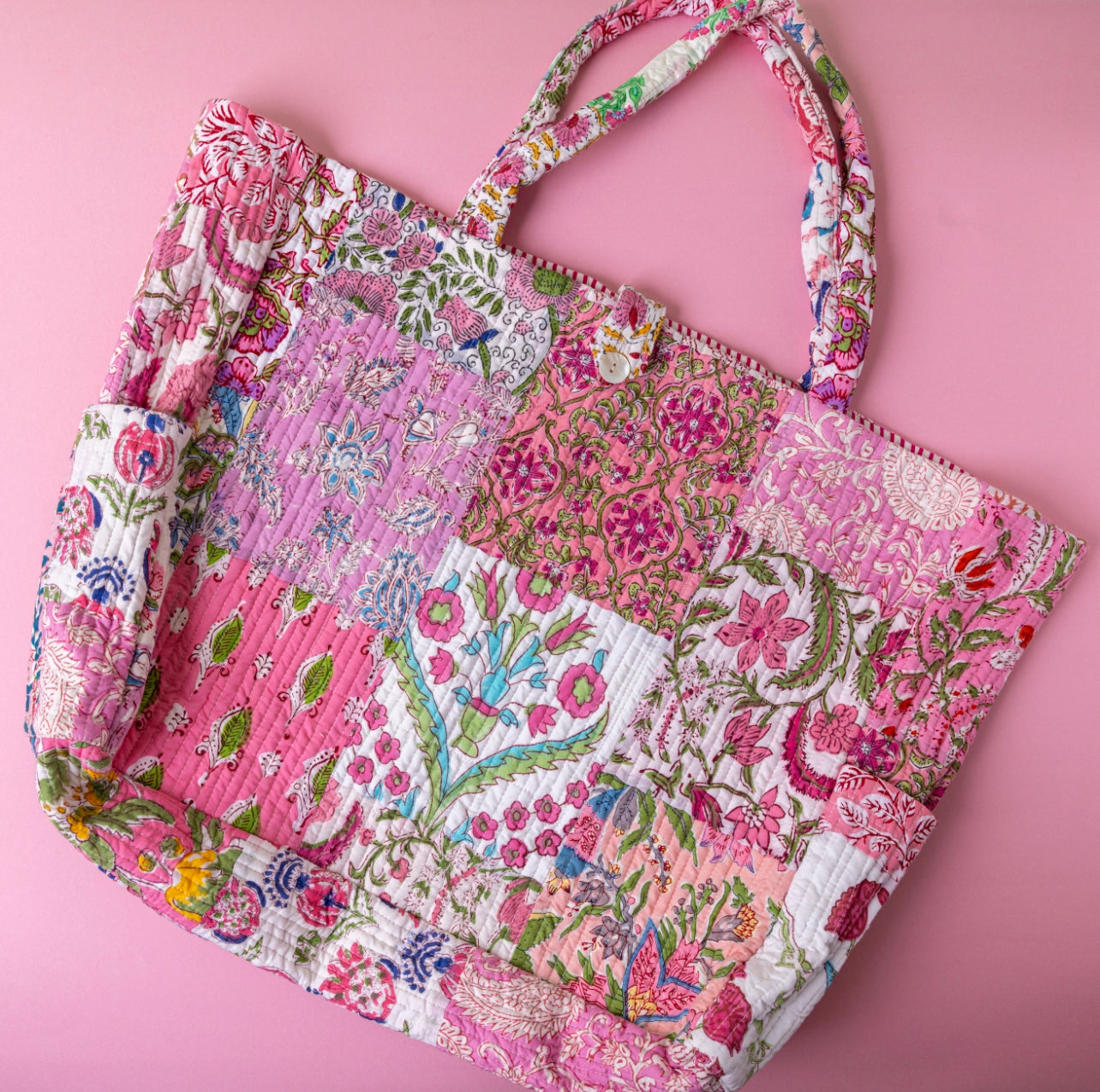 Pink Patches Cotton Large Tote Bag
